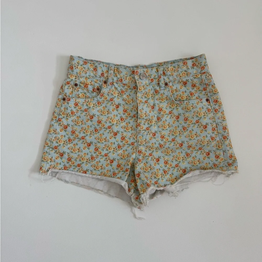 ZARA Floral Denim Shorts High Rise Raw Hem Blue Orange Roses Size 4